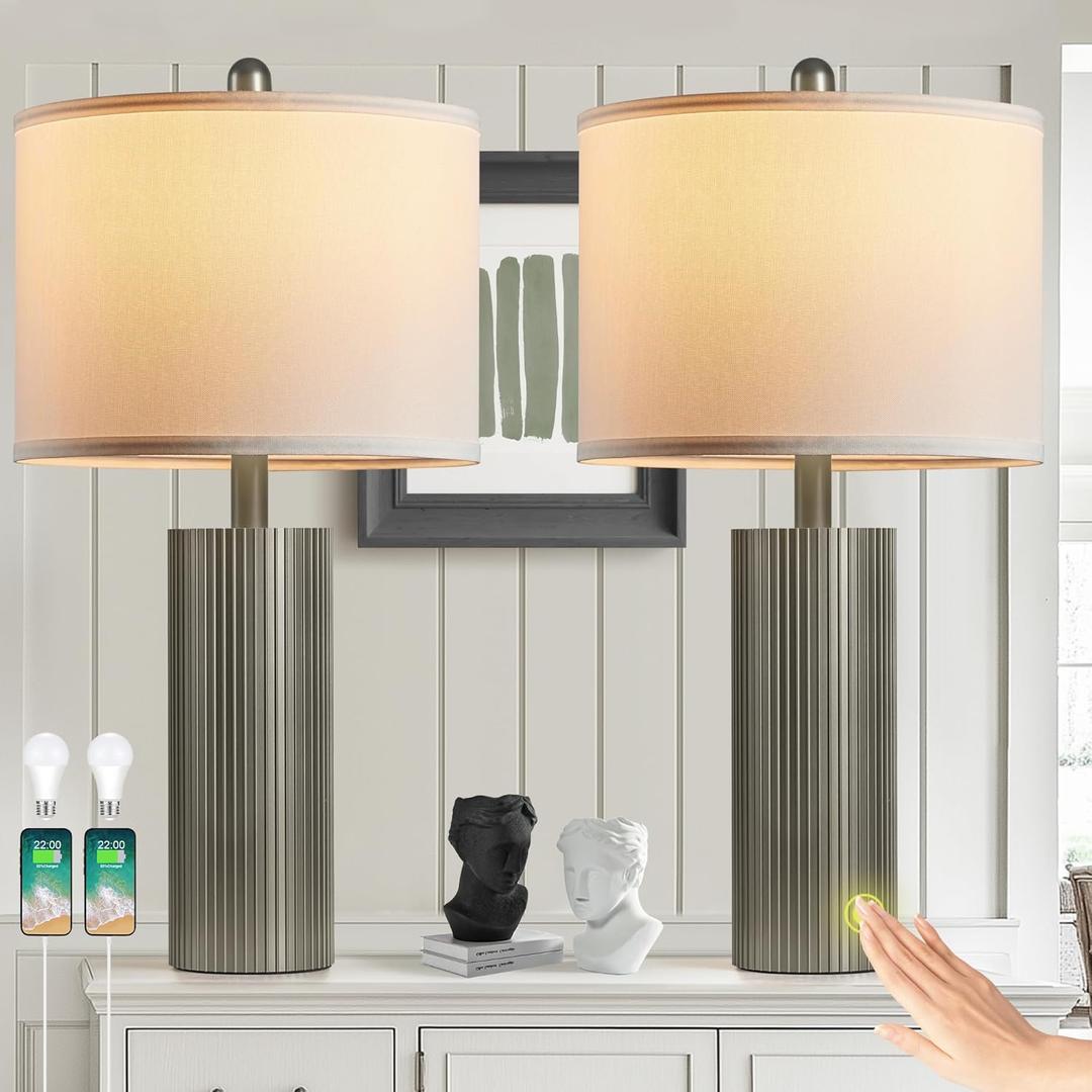 Table Lamps for Living Room Set of 2, 24.5" Modern Table Lamps for Bedroom with USB C+A Ports, Creative Stripe Touch Lamps for Nightstand, 2 Bulbs Included
