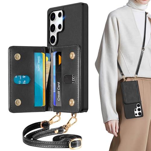 TUCCH Case Wallet for Galaxy S25 Ultra, [Detachable Crossbody Lanyard] PU Leather Folio Magnetic Closure Wallet with RFID Blocking [6 Card Holders], Protective Shockproof Phone Cover 6.9" 2025, Black