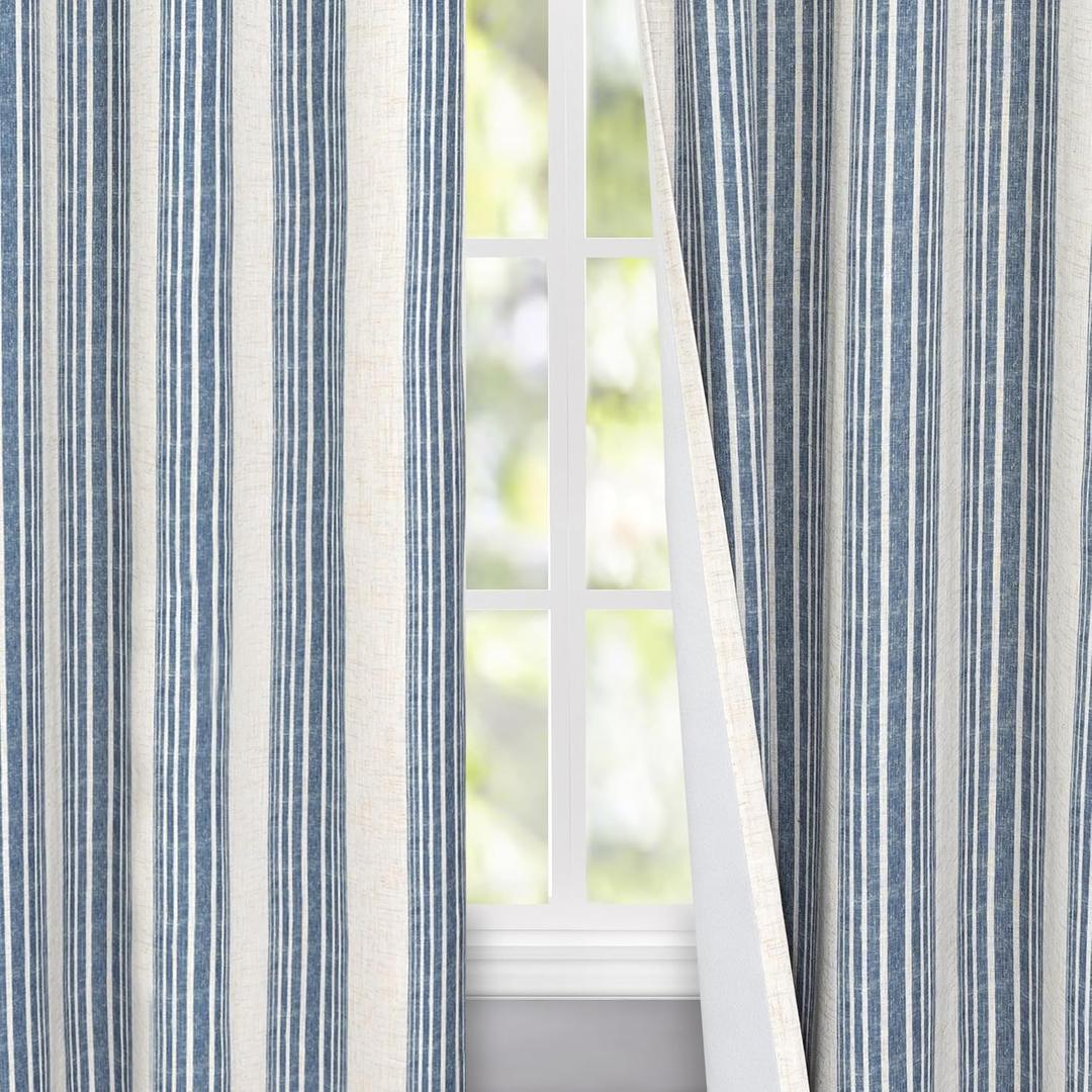 DriftAway Chris Linen Blackout Curtains with Thermal and Sound Reducing Layer 96 Inches Long for Bedroom Striped Printed Drapes Thermal Insulated Lined Window Treatments for Living Room Jean Navy