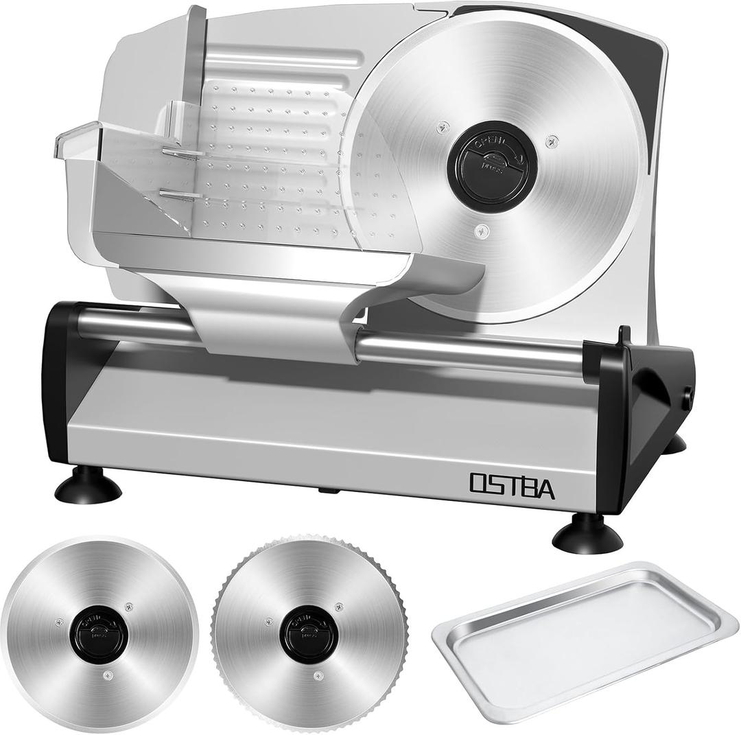 OSTBA Meat Slicer with Quiet DC Motor, 200W Electric Deli Slicer, Dual 7.5'' Stainless Steel Blades, 0-15mm Adjustable Thickness, Easy to Clean, Ideal for Meat, Cheese, Bread, and Vegetables (Silver)