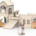 Large Bunny House and Hideouts, Wooden Dual-Layer Rabbit Castle with Stair, Rubber Band-Free Setup - Chew-Proof, Sturdy Habitat for Guinea Pig Chinchilla Ferret (Rabbit House)