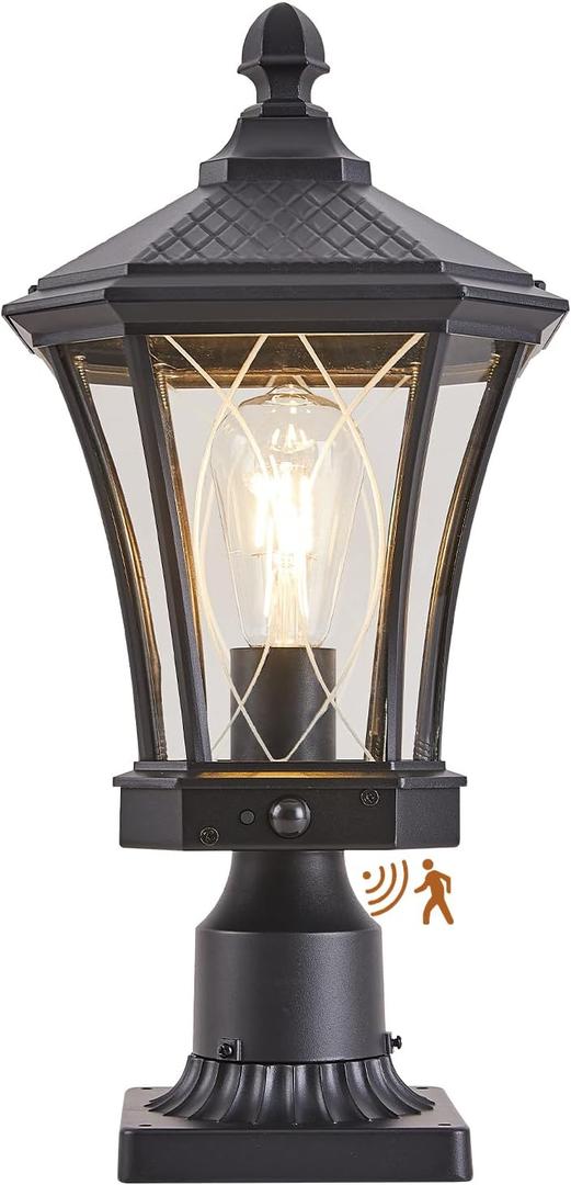 Motion Sensor Outdoor Post Lights with Pier Mount Base, Dusk to Dawn Outdoor Pillar Lamps Waterproof Exterior Post Lamp with Patterned Glass Outdoor Pole Lights for Patio, Porch, Gate