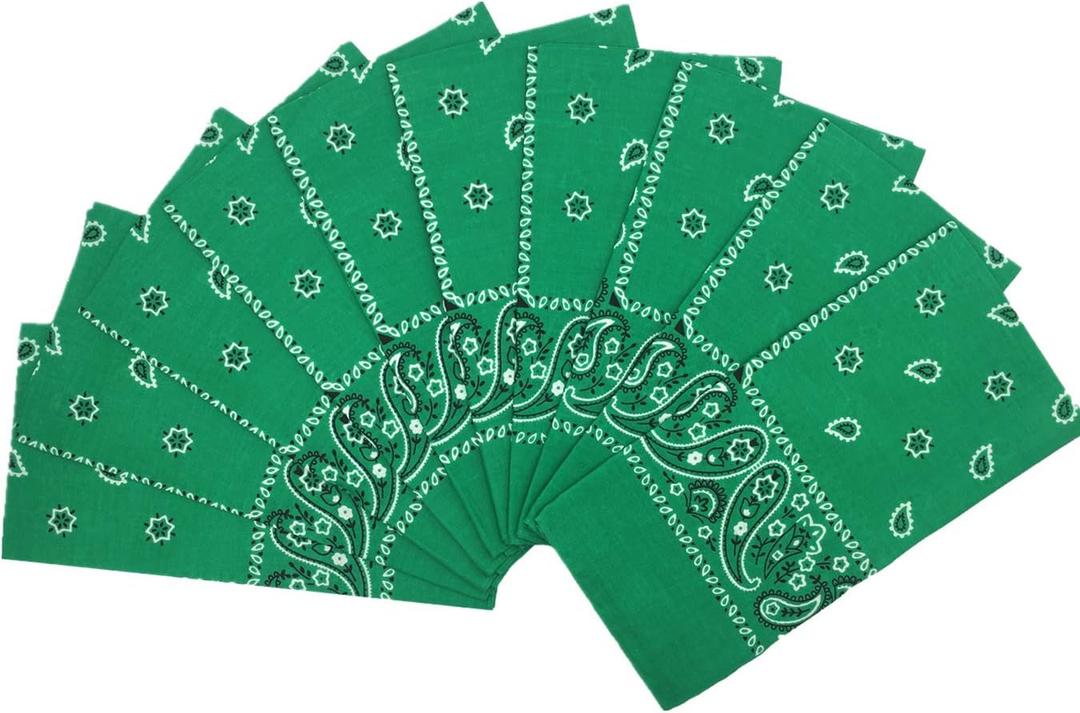 Vamqor 12pcs Bandana for women and men 100% Cotton Custom Fashion Paisley Design Multifunctional Outdoor Square Handkerchief (Green)