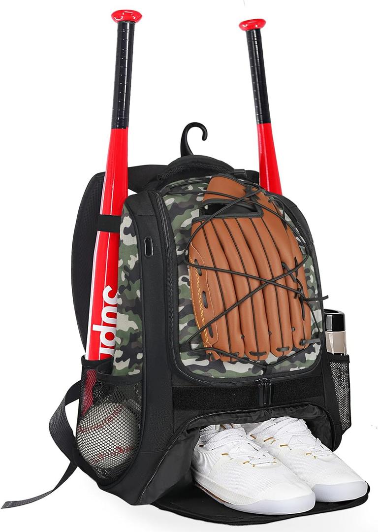 Goloni | Baseball Backpack,Baseball Bag for Adult,Softball Bat Bag with Shoes Compartment,Large Main Compartment for Helmet & accessories, Fence Hook (Green camo)