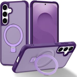 Magnetic Compatible with Samsung Galaxy S25 & S24 Case with Stand [Military Grade Drop][Compatible with Magnet] Ring Holder Translucent Slim Hard Back Soft Edge, Purple