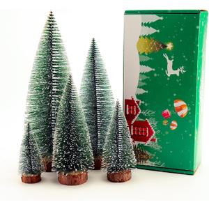 Bottle Brush Christmas Trees, Christmas Decorations,5Sizes mini Christmas Trees Artificial Tabletop Christmas Tree with Snow and Wooden Base for Village Holiday Party