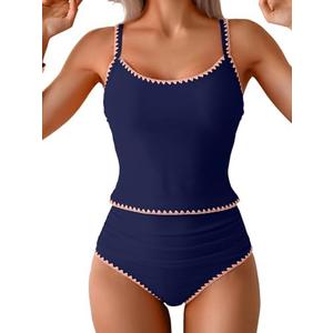 Eomenie Tankini Swimsuit for Women Tummy Control Ruched Two Piece Bathing Suits High Waisted Shell Stitch Swimwear L Navy Blue