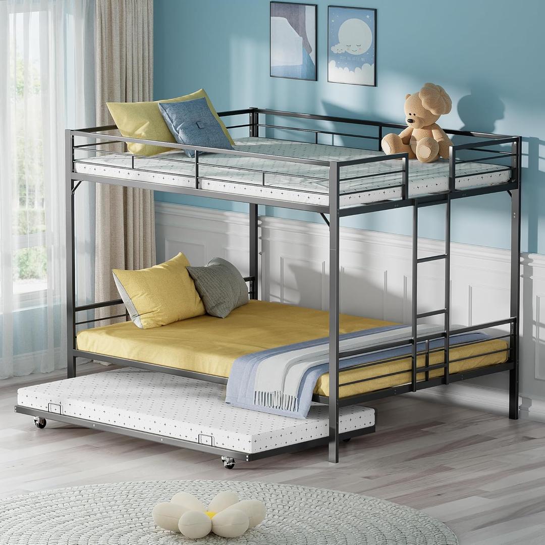 DNYN Queen Over Queen Bunk Bed with Trundle for Kids Bedroom,Can be Separated & Easy Assemble & Space Saving & No Box Spring Needed,for Dorm,Bedroom,Guest Room, Black