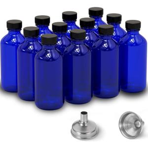 DIDITIME 2 oz Shot Bottles with Caps & Stainless Steel Funnels, Juicing Bottle Reusable Glass, 60ml Small Jars with Lids for Potion, Ginger Shots, Oils, Juice (Cobalt Blue, 12-pack)