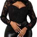 SweatyRocks Women's Plus Size Cut Out Mock Neck Floral Lace Long Sleeve Slim Fit Sparkly Shirt Top (4X-Large Plus, Black)