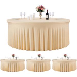 4 Pack 132 Inch Champagne Round Tablecloth, Circle Stretch Table Cloths for 6 FT Tables, Wrinkle Free Round Table Skirt for Wedding Birthday Photography Social Events Engagement Party Decorations