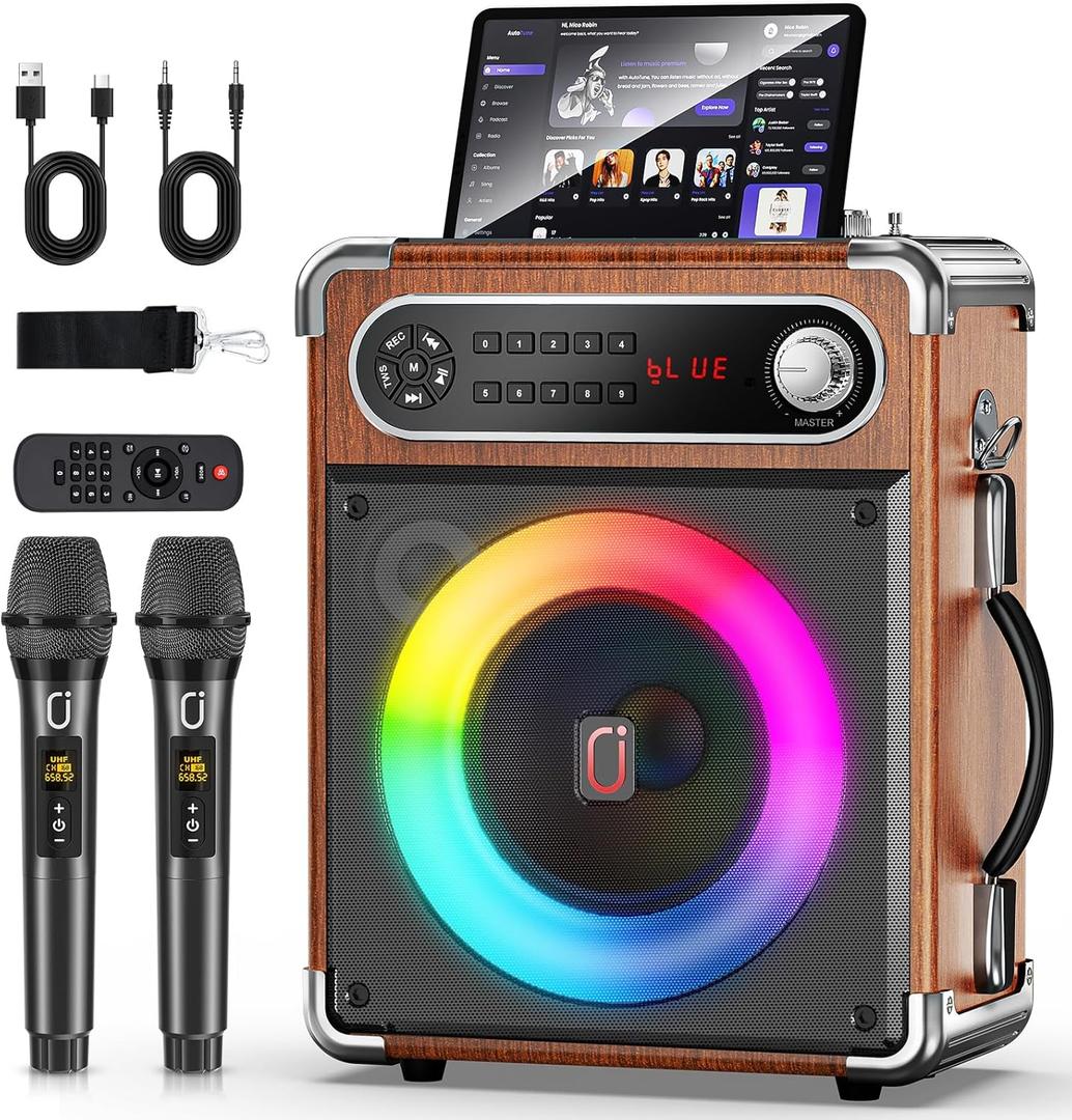 Karaoke Machine with 2 Wireless Microphones,Upgraded 6.5"Woofer & 2"TweeterPortable Bluetooth 5.3 Karaoke Speaker, PA System with Bass/Treble/Echo Adjustment, Supports USB/AUX/TF/TWS for Home Party (80W-55-Wood)