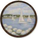 VONTP Coastal Hydrangea Sailboat Round Wall Art Decor, Chinoiserie Hydrangea Coastal Floral Circle Wall Decor for Home, Blue Beach Hanging Prints Lake for House Home Room, 10x10 Inches