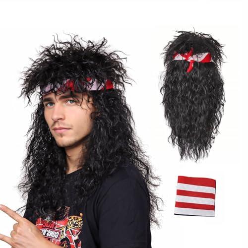 FantaLook 80s Wig with Bandana for Men Long Curly Black Rocker cosplay wig for Halloween