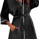 Ekouaer Women's Satin Robe Short Bridesmaid Bride Feather Bridal Robe Kimono Silky Long Sleeve Bathrobe S-XXL (Black, M)