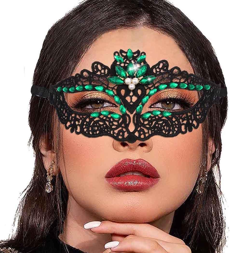 Tgirls Crystal Masquerade Mask Rhinestone Lace Mask Venetian Party Prom Ball Face Mask for Women (Green)