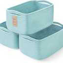 3-Pack Small Storage Baskets for Organizing | Woven Shelf Toy Basket | Rope Baskets for Gifts Empty | Closet Organizer Bins with Handles | Cube Decorative Box | 11.87.85.1 | Light Blue
