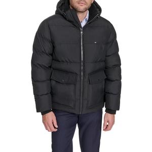 Tommy Hilfiger mens Hooded Puffer With Patch Pockets (Large, Black)
