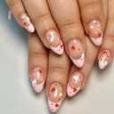 24Pcs Valentine's Day Press on Nails Short Almond Fake Nails Pink French Tip False Nails with Cute Heart Designs Valentines Heart Nails Full Cover Artificial Glue on Nail for Women Girls Nail Art