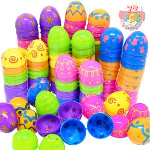 WODMAZ 72Pcs Plastic Printed Bright Easter Eggs, Assorted Colorful Plastic Easter Eggs Bulk for Easter Basket Stuffers Fillers, Easter Party Favors Classroom Prize Supplies