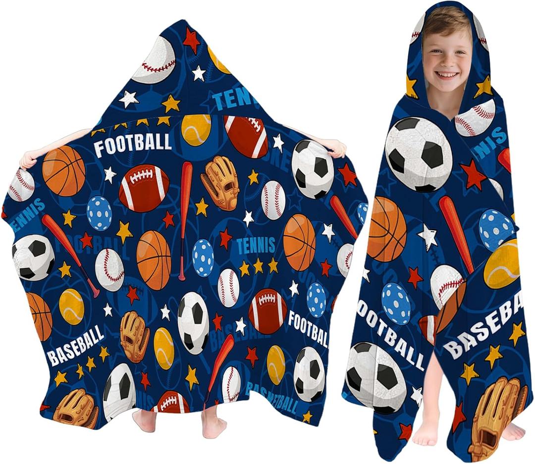 Balls Hooded Beach Towel For Kids, Cartoon Hooded Towels For Toddlers 30" x 50", Kids Beach Towels For Pool, Travel, Swim, Colorful Wearable Bath Towel For Toddlers, Girls Bath Towel with Hood