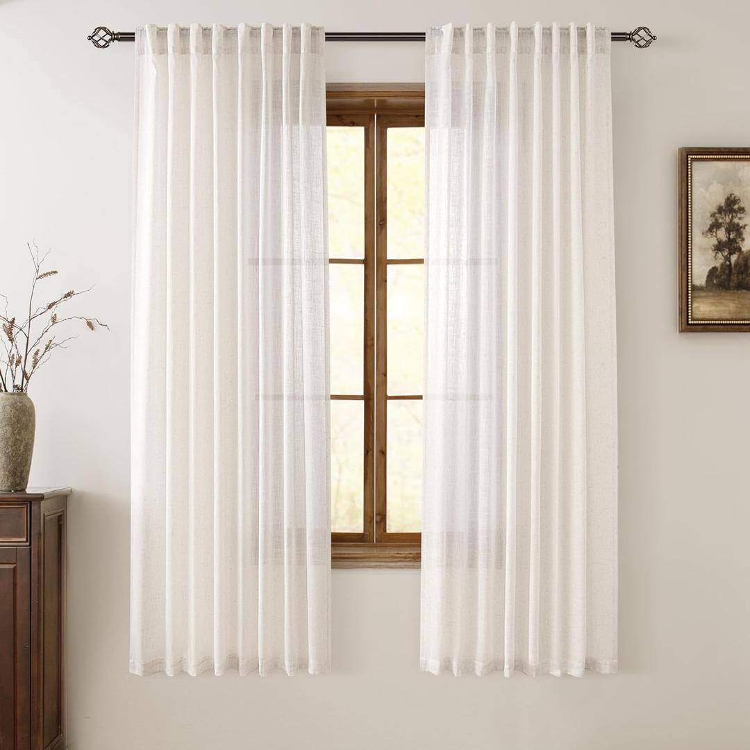 Cream Linen Curtains 72 inch Long 2 Panel Set for Living Room Back Tab Rod Pocket Semi Sheer Light Filtering Bedroom Window Curtain 72 inch Length Modern Farmhouse Neutral Ivory Linen Drapes 60x72 (Natural)
