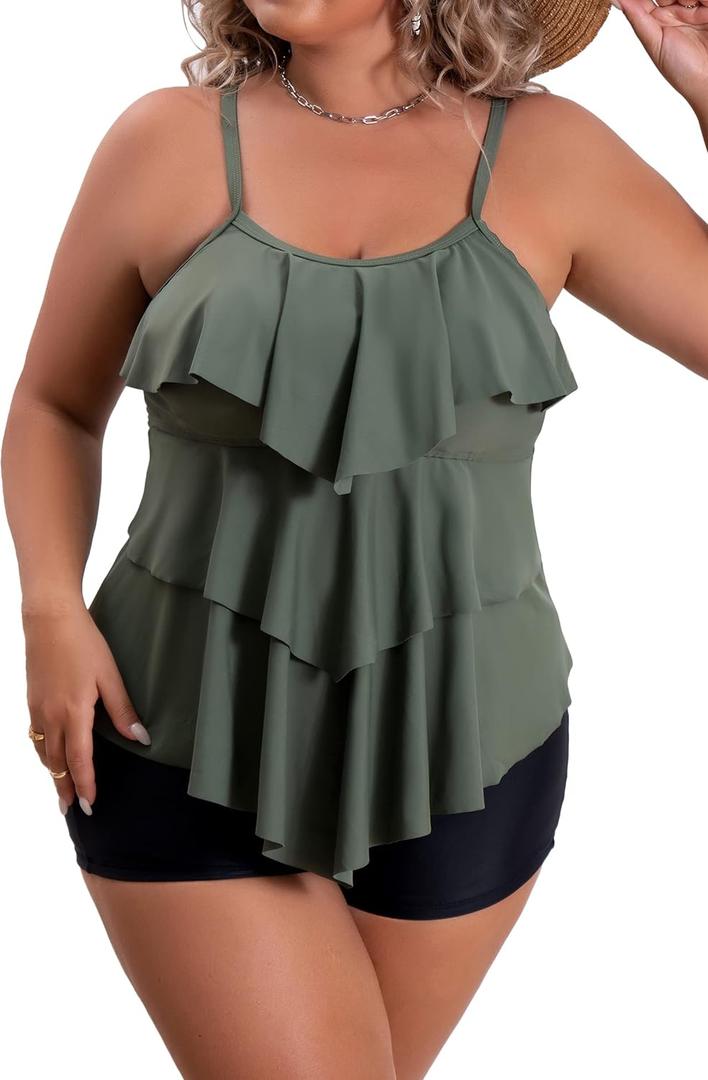 B2prity Women Plus Size Tankini Swimsuits Tummy Control Two Piece Bathing Suit Ruffled Flounce Swimwear with Shorts (XX-Large, 05)