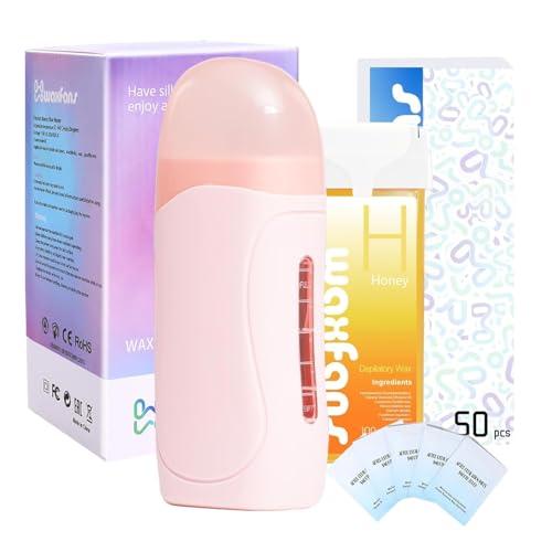 Waxing Kit for Women & Men, Waxfans Honey Roll On Wax Kit for Hair Removal at Home, with 1 Wax Cartridge & 50 waxing Strips, Lasts 4-6 Weeks, All Skin Types.