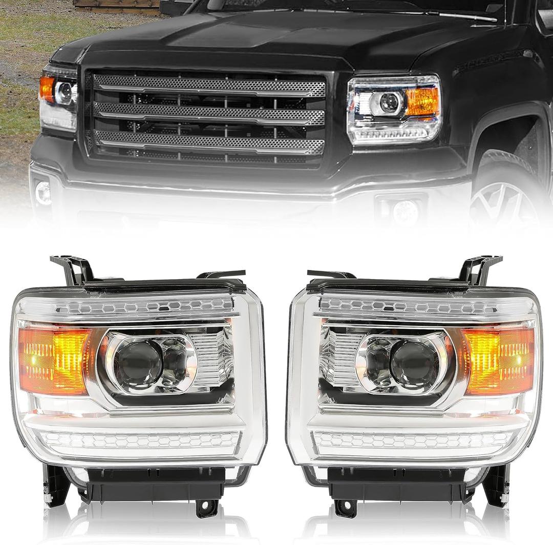 HECASA Pair Projector Headlight Lamp Assembly Compatible with 2014-2019 GMC Sierra 1500 2500HD 3500HD Base/Denali/SLE/SLT w/o Factory LED DRL Headlamp (Clear Lens & Chrome Housing & Amber Reflector)