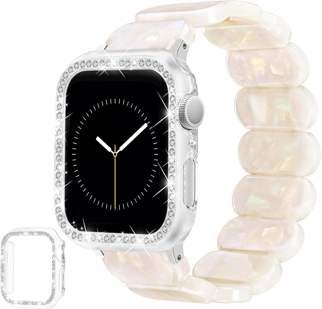Stretchy Tortoise Resin Bracelet & Case Compatible with Apple Watch Band 40mm 38mm 41mm 42mm 44mm 45mm Women, Cute Lightweight Straps Fashion Elastic Wristbands for iWatch Series 9 8 7 6 5 4 3 2 1 SE (Ivory White)