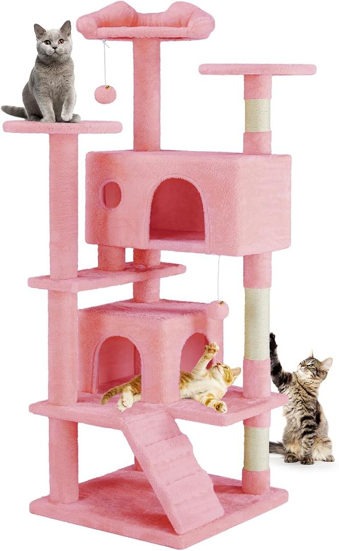 DUMOS 54-inch Indoor Cat Tree Tower Multi-Level Pet House for Large Cats with 2 Condos, Scratching Posts, Round Platform, Small Ladder, and Toys, Pink