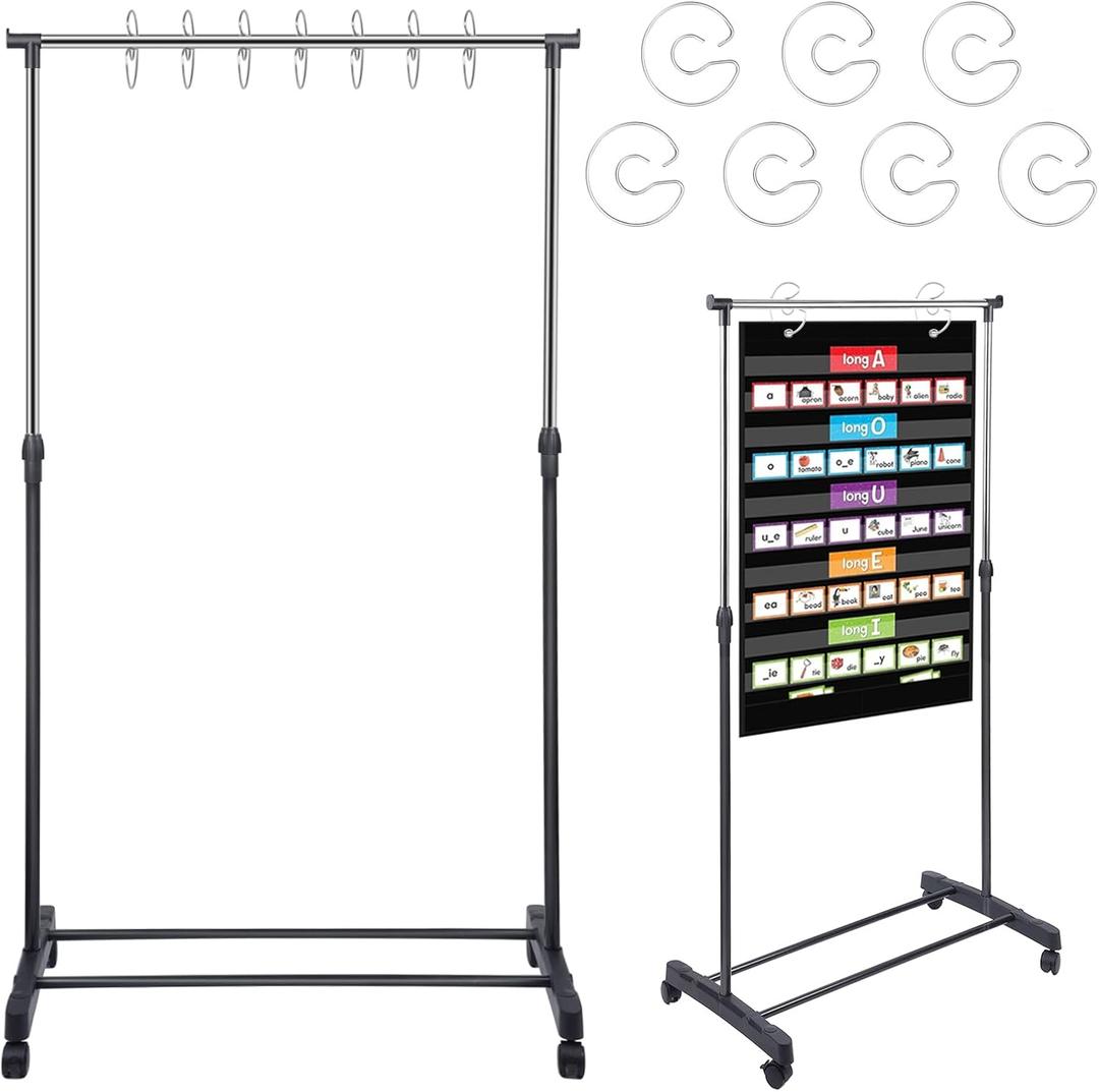 Pocket Chart Stand Rolling Adjustable 35.75 to 63 Inch with 7 Rings Stainless Steel for Classroom Educational Tools Black