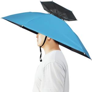 Umbrella Hat, 37 inch Fishing Umbrella Hat Hands Free Foldable UV Protection Umbrella Cap Adjustable Headwear for Fishing Golf Camping Beach Gardening Sunshade Outdoor (Sky Blue/Double Layer)