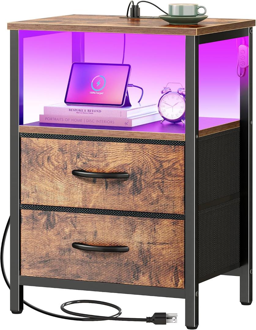 Huuger Night Stand with Charger Station and LED Lights, 2 Drawer Nightstand, Bed Side Table with Open Shelf, End Table, Fabric Dresser for Bedroom, Rustic Brown, 11.8"D x 15.7"W x 23.6"H（2 Drawers）
