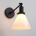 PERMO Industrial Vintage Slope Pole Wall Mount Single Sconce with Funnel Flared Milk White Glass Shade Wall Sconce Light Lamp Fixture Matte Black