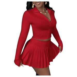 SOLY HUX Women's Skirt Sets 2 Piece Outfits Long Sleeve Crop Top with Pleated Mini Skirt Set Activewear Party Outfits for Women Plain Red X-Large