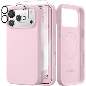 GONEZ Magnetic for iPhone 17 Pro Case, Compatible with MagSafe, [Screen Protector + Camera Lens Protector], Liquid Silicone Anti-Scratch Shockproof Protective Phone Case 6.3 inch, Pastel Pink