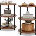 Small Round End Table - 3 Tier Design Accent Table, Narrow Side or Bedside Stand, Industrial Vintage Nightstand for Bedroom, Living Room, or Small Spaces, Set of 2, Rustic Walnut