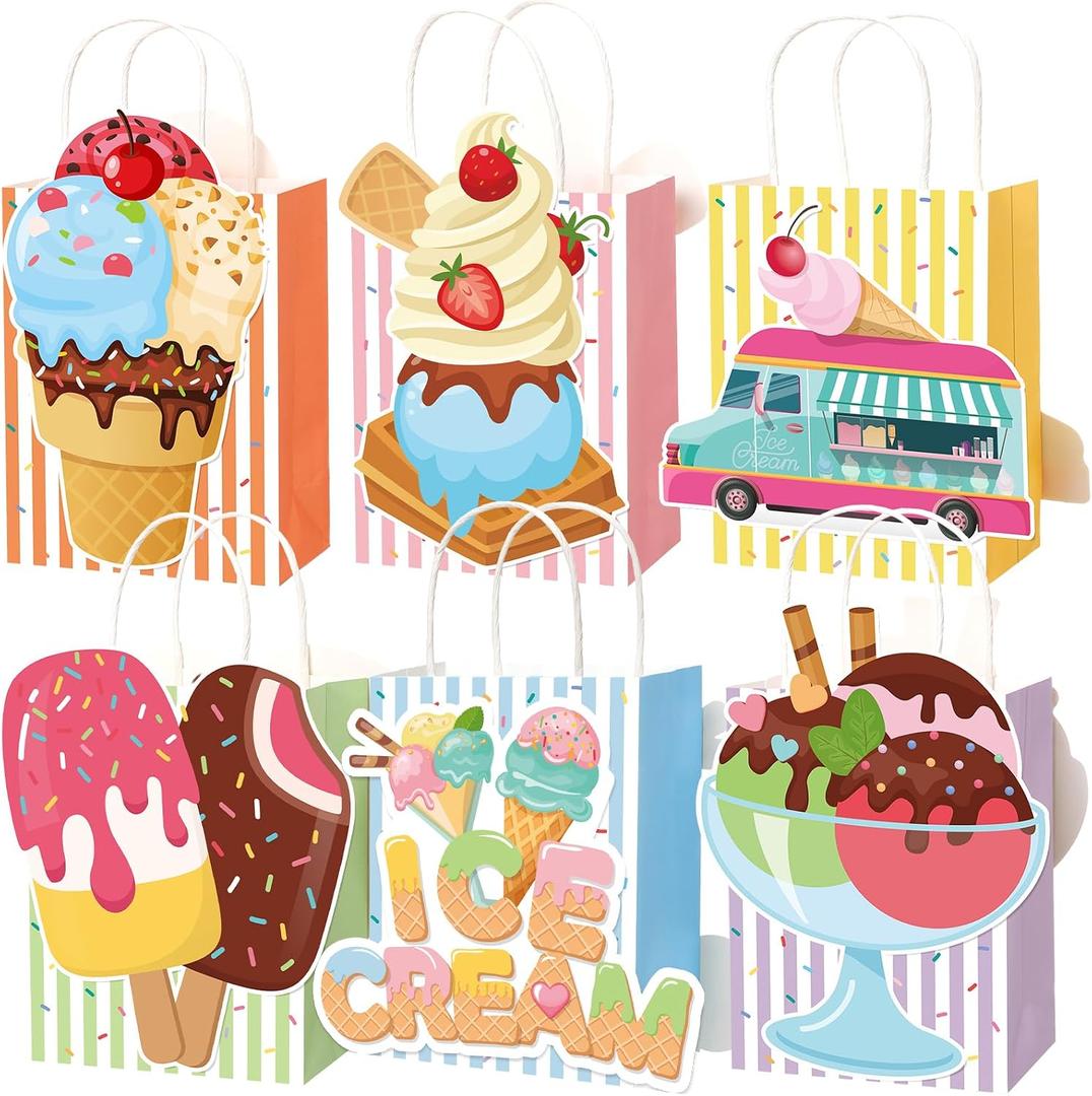 MotiMind 24 Pcs Ice Cream Party Favor Bags with Handles Summer Sprinkles Ice Cream Gift Paper Bags Goodie Treat Wraps for Summer Candy Pool Party Supplies