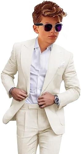 Boys Linen Suits Casual with Tie 3 Piece Summer Beach Wedding Tuxedo Suit for Boy Ring Bearer Outfit, Ivory, Size 10