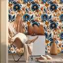MuralPeel Vintage Boho Brown Glass Floral Dark Navy/Yellow Abstract Art Modern Peel and Stick Wallpaper Self Adhesive Removable Easy Peel Off Stick on Wall for Bedroom Cabinet Renter, 17.7" x 118.1"
