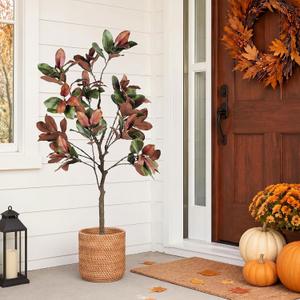 Hoteam 5ft Fall Faux Trees for Porch Artificial Magnolia Tree with Planter