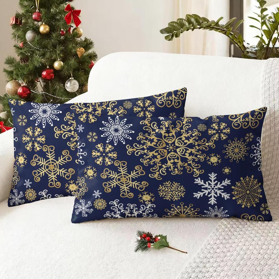 CaliTime Christmas Throw Pillow Covers Decorative 20 X 12 Inches Pack of 2 Cozy Fleece Snowflakes Cushion Cases for Couch Sofa Bed Living Room Navy Blue
