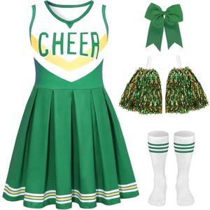 Cheerleader Costume for Girls Cheerleader Outfit for Kids Cheerleading Dress with Pom Poms for Halloween Dress Up (6-7 Years)