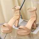 Ankis Chunky Platform Heels - 4 Inch Block Heeled Sandals for Women - Comfortable Open Toe Strappy Heels - Black, Nude, White, Silver, Gold - Summer Dress Shoes