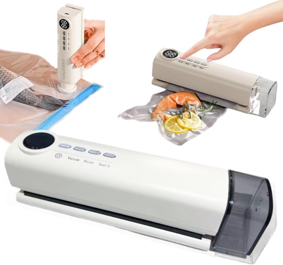 Food Storage Vacuum Sealer Machine, Portable Mini 3-in-1 Rechargeable Seal A Meal Vacuum Sealer Machine Cordless Vacuum Sealer Inflation Pump Needle & Nozzle Included (beige)