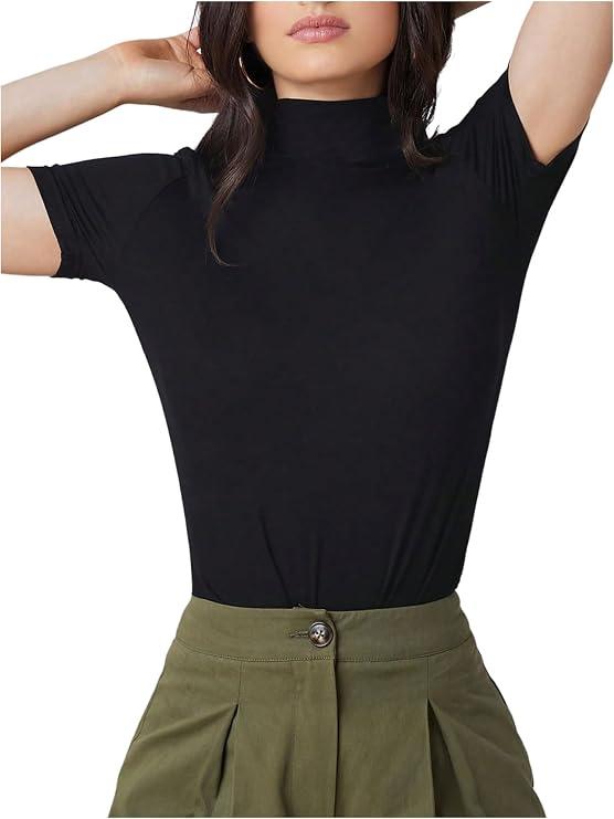 WDIRARA Women's High Neck T Shirts Short Sleeve Fitted Tees Base Layer Tops Black X-Large