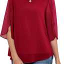 Neineiwu Womens Casual Scoop Neck Loose Top 3/4 Sleeve Chiffon Blouse Shirt Tops (XX-Large, Red)
