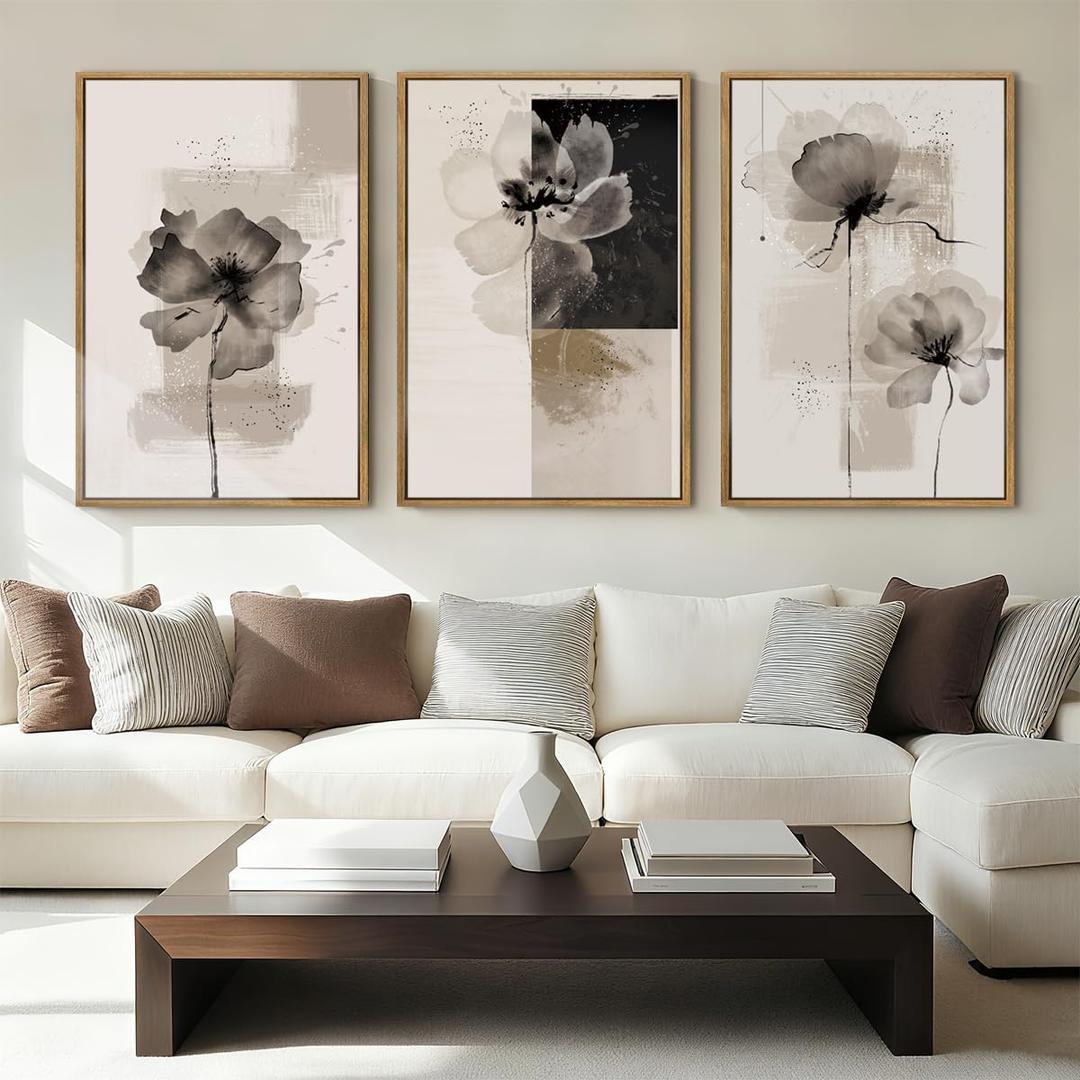 Neutral flower Framed Wall Art 16x24 Inch Black Beige Abstract Floral Canvas Wall Decor Modern Minimalist Flower Paintings for Living Room Bedroom Dining room Set of 3