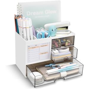 QIYVLOS Desk Organizer with 3 Drawer, Multi-Functional Pencil Pen Holder for Desk, Desk Organizers and Storage with 8 Compartments, Desktop Organizer for Office Home Art Supplies (White)